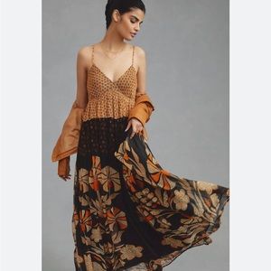 NWOT Anthropologie Forever That Girl V Neck Maxi Dress Orange Black Size Small